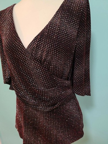 Alex Evenings Wrap Blouse Capelet sleeve Top Red Black silver Glitter Small - Picture 4 of 8