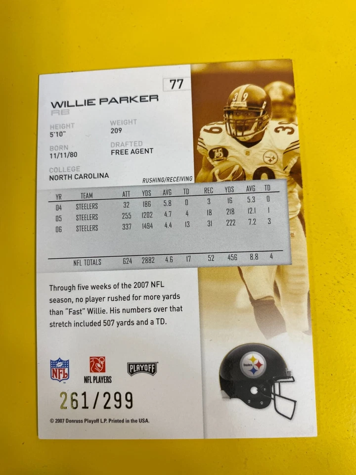 41002 	2007 Playoff NFL Playoffs Gold #77 Willie Parker STEELERS #261/299 - Image 2 of 3