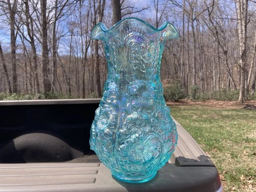 Gorgeous Vintage Fenton Teal Green Carnival Glass Poppy Show Vase