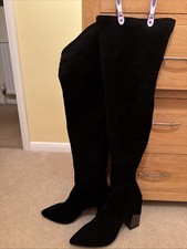 Black Faux Suede Pull On Thigh Boots Black And Silver Block Heel Size 39 (6)
