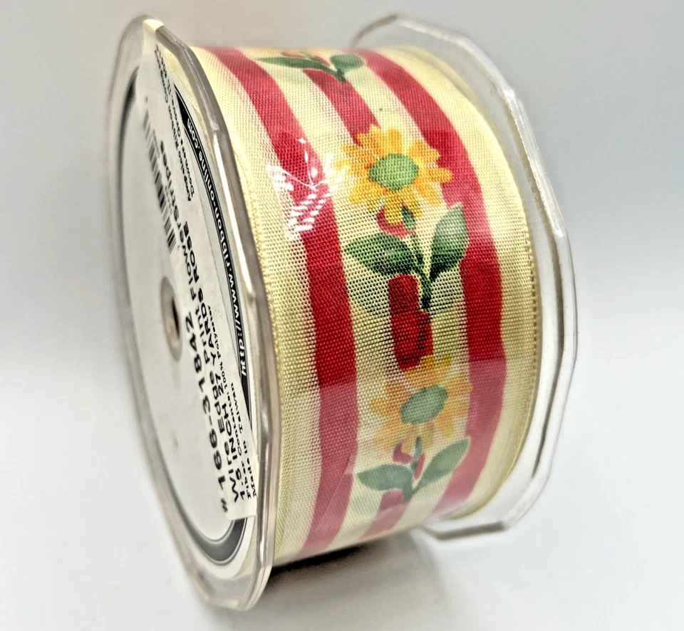 Vintage Sheer Ribbon Yellow w/ Sunflowers Rose Stripes -Wired Edge 27 yards 1.5" - Image 1 of 4