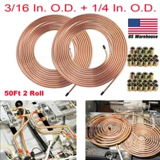 Steel Copper Brake Line Tubing Kit 3/16" 1/4" OD 50 Ft Coil Rolls With Fittings