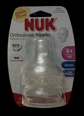 NUK Orthodontic 2pc Wide-Neck Silicone Nipples Sz.2 6m+ Fast Flow #62657 (2010)