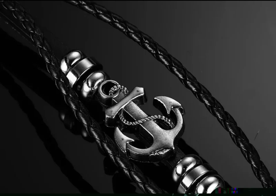 Bracciale Braccialetto Uomo con Ancora e cordoncino cuoio - Idea regalo - Immagine 2 di 4