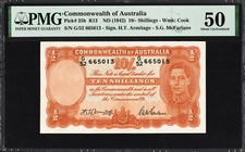 Australia 10 Ten Shillings P25b R13 1942 Armitage McFarlane PMG50 aUNC Banknote