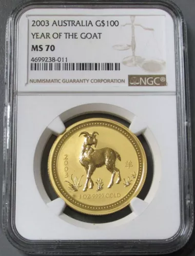 2003 GOLD AUSTRALIA $100 COIN 1oz LUNAR YEAR OF THE GOAT NGC MINT STATE 70