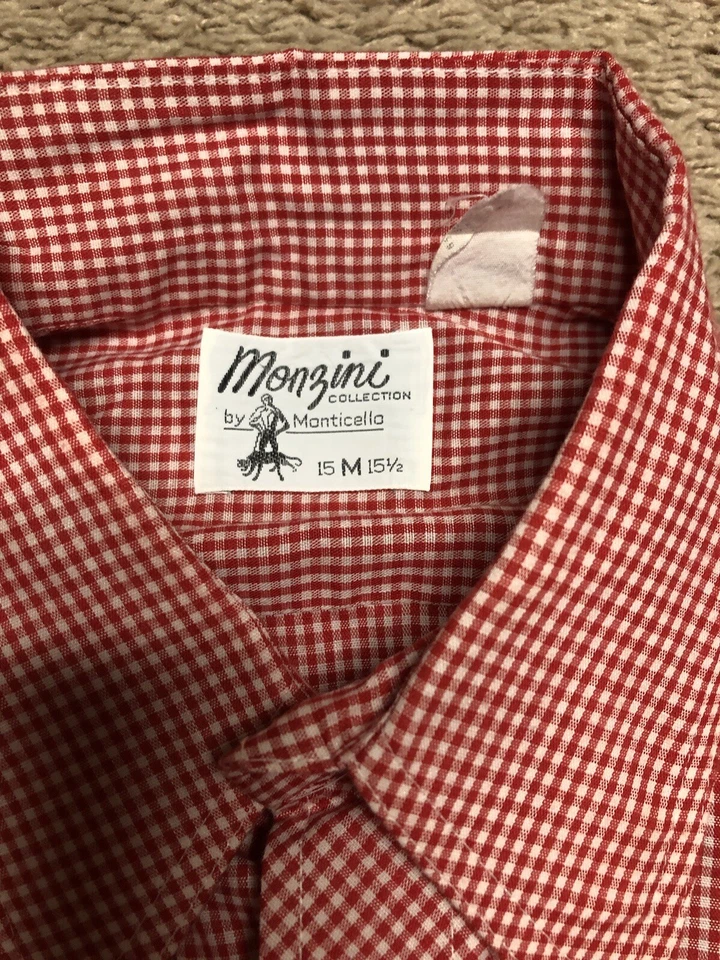Monzini Collection Shirt Mens Red Gingham Retro USA 15 1/2 M Excellent Western - Image 3 of 4