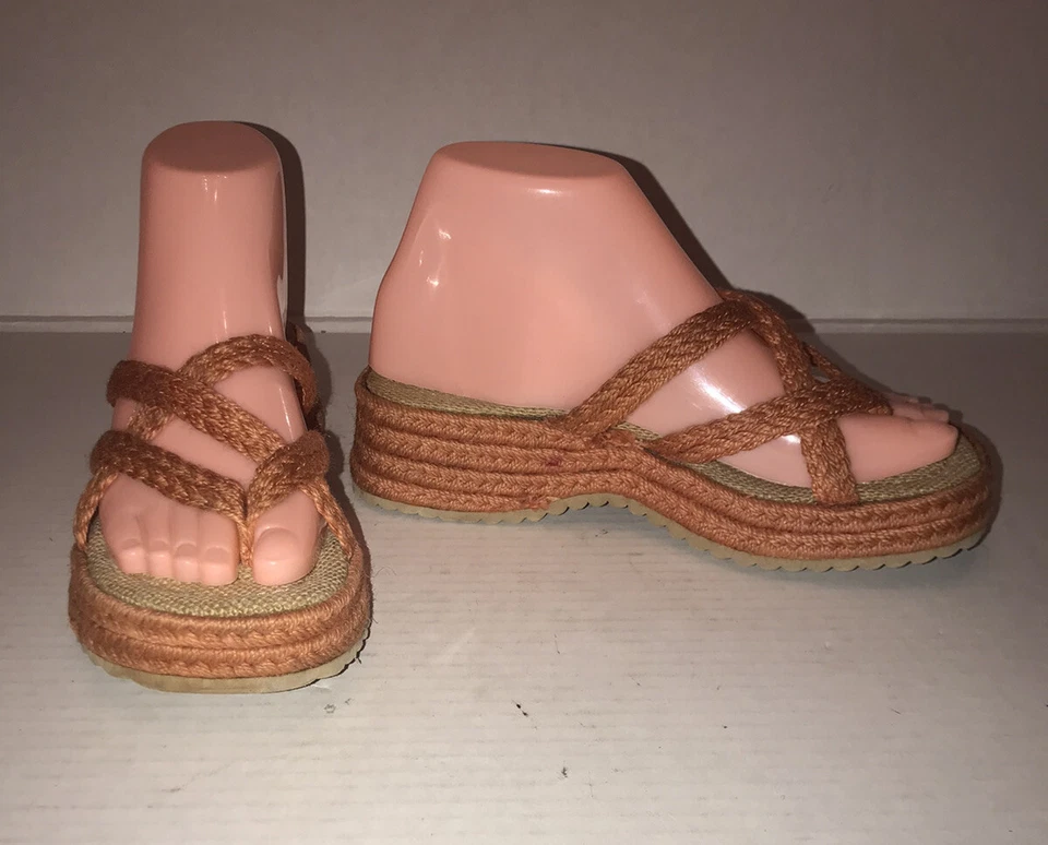 Sandalias De Colección Años 90 Clasificadas Y2K Naranja Rafia Yute Cáñamo Plataforma Trenzada Talla 7 Foto 2 de 4