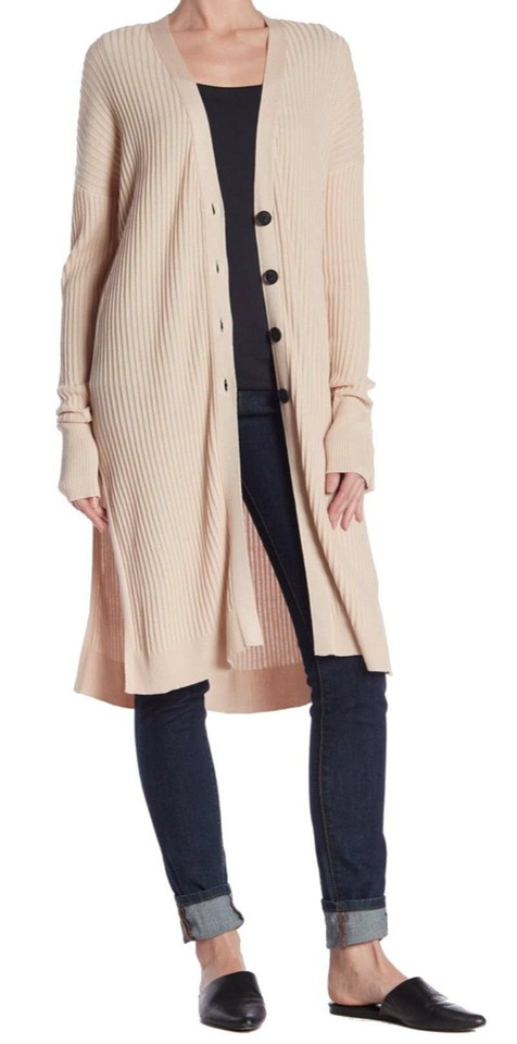 John & Jenn Long Ribbed Cardigan Large 10 12 Nude $175 Deep Split Sides