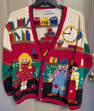 Vintage Tacky Novelty Teacher Cardigan Belle Pointe Multi-Color Medium Granny