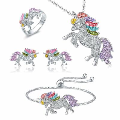 Unicorn Jewelry Set Rainbow Rhinestone Crystal Necklace, Bracelet, Earring,Ring 
