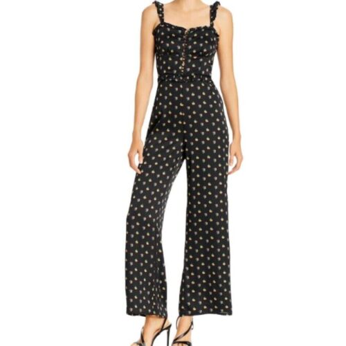 Aqua Womens L Black Jumpsuit Floral Satin Wide Leg Sleeveless Sweetheart Neck