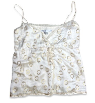 Size L ZARA WOMAN Womens Vream White Metallic Gold Cami Drawstring Blouse Top