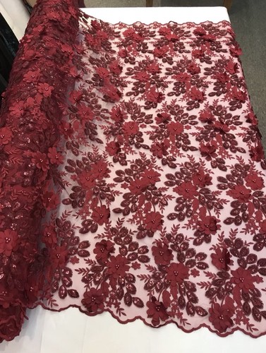Burgundy 3D Flowers And Sequin Leaves Embroidered On A Mesh - Picture 9 of 9