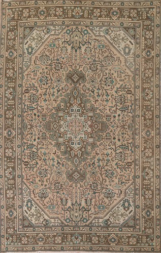 Vintage Geometric Peach Tebriz Area Rug 7x9 Hand-knotted Living Room Carpet