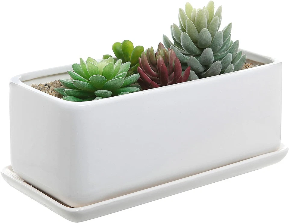 White Ceramic Rectangular Succulent Planter Pot w/ Removable Drip Tray, Set of 2 - Image 3 of 4