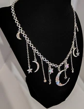 KIRKS FOLLY Astral Princess Beautiful Necklace  - moon and stars -  Silvertone 