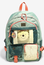 Disney Winnie the Pooh Multi-Pocket Backpack w/ Plush Pooh Bear Keychain Bag NWT