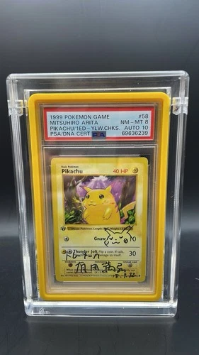 Pokemon Mitsuhiro Arita Autographed Pikachu Yelllow Chk 1st Edition PSA 8Auto 10
