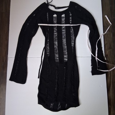 Fashion Nova Black Knit Fringe Mini Dress Long Sleeve Scoop Neck Stretch XS
