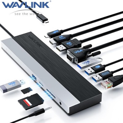 Wavlink USB-C Docking Station HDM DP VGA 3 Monitors 100W PD for Lenovo/HP/Dell