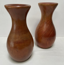 2 Lot 10" Wood Vase Set Hand Turned Brown Rustic Artisan Colonial Farmhouse Core