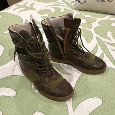 Alexander McQueen Brown Green Lace Up Zipper Ankle Combat Leather Boots Men