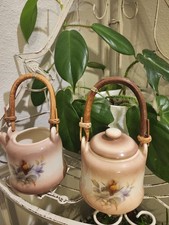 Floral Glazed Ceramic Tea Set with Wooden Handles, Teapot, Lid, Creamer