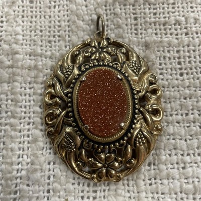 Vintage Gold Toned Filigree Oval Goldstone Charm Pendant
