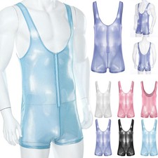 Mens Lingerie Sheer Sleeveless Bodysuit One Piece See Through Mankini Jumpsuit