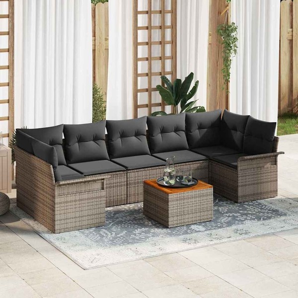8-Teiliges Garten Sofa Set Mit Kissen Grau Poly Rattan Akazie, 2-Sitziges Garten-image