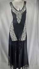 VTG Black Satin Slip Dress LACE SIDE PANELS Lingerie MED Nightgown PETRA FASHION