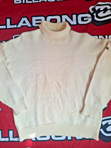 Hugo Boss, Vintage 90s Hugo Boss 3D Knit Wool Turtleneck Sweater Abstract Cream 42/44 XL