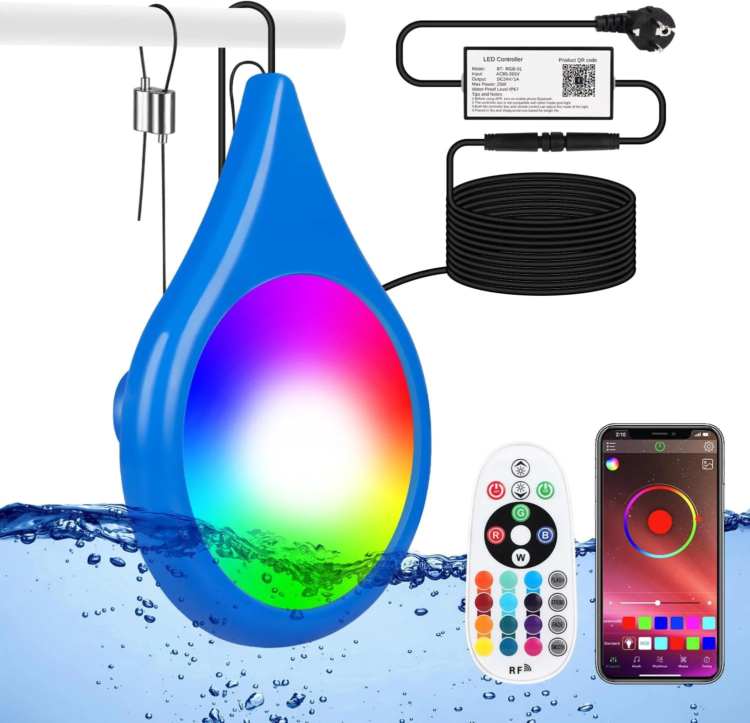 Lampe piscine étanche IP68 projecteur LED 25W multicolore pour bassin avec télécommande