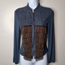 illia Ribbed Cotton + Soft Leather Beaded Fringe Jacket Women’s 4 USA Made