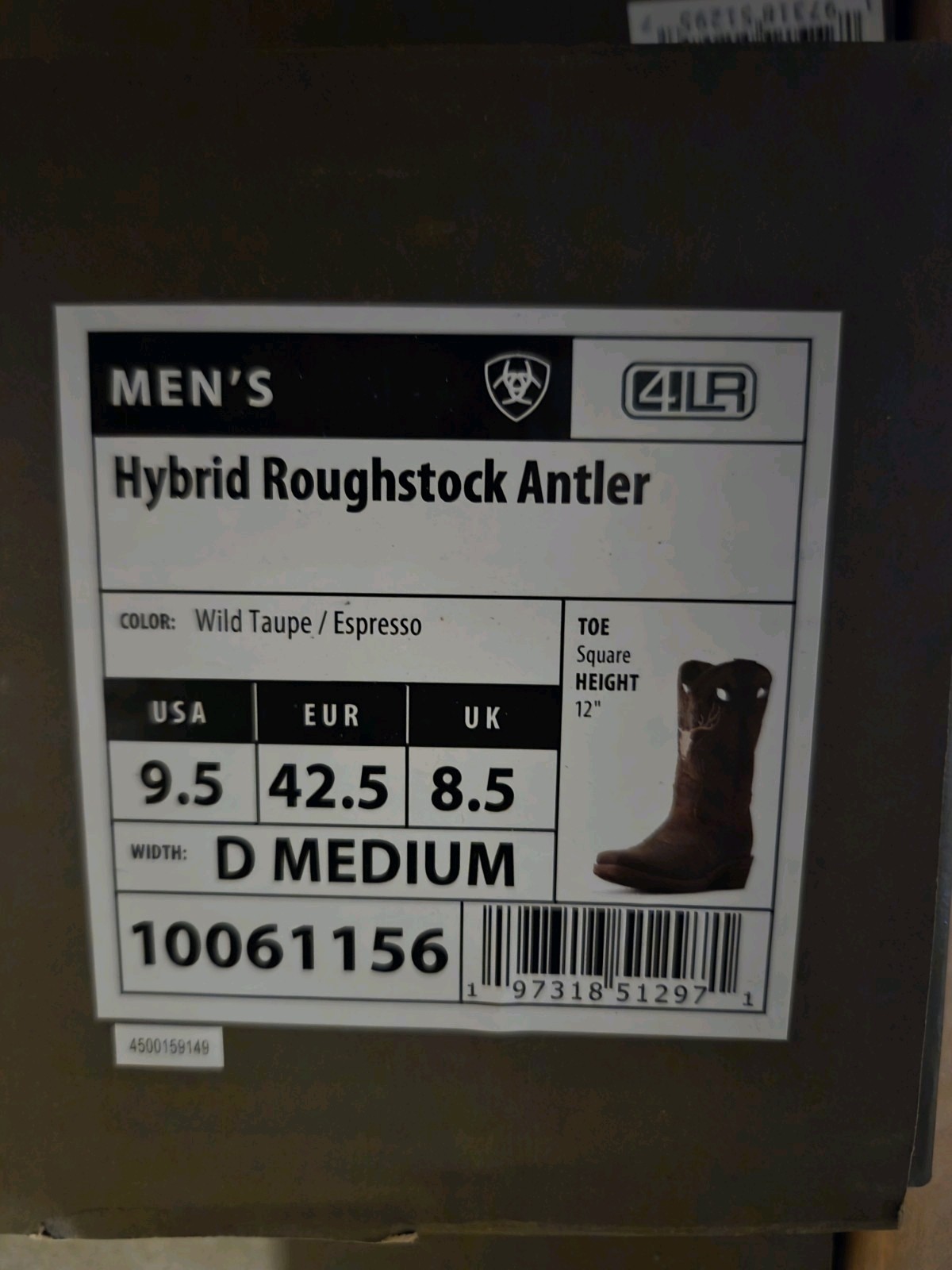 Ariat Hybrid Roughstock Antler Wild Taupe Cowboy Boots for Men Size 9.5D