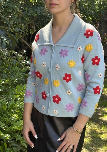 Vintage 60s Flower Power 12 100% Wool Cardigan Sweater embroidered