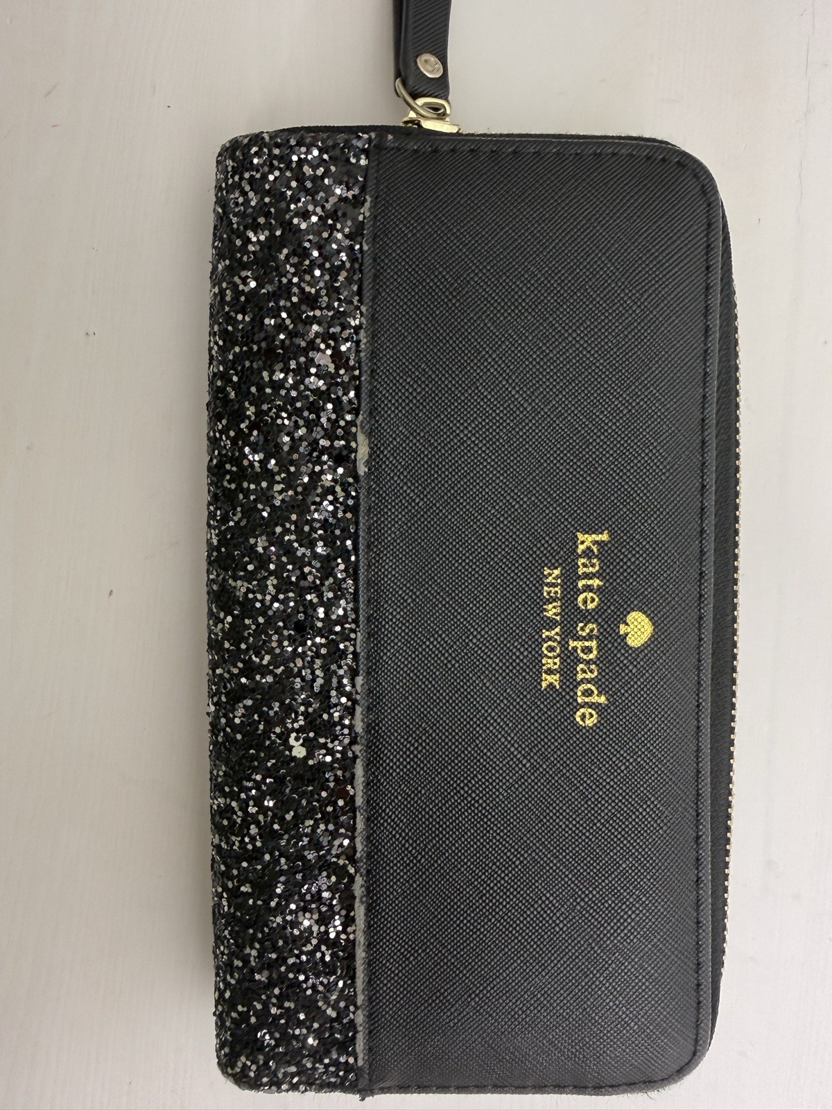 Kate Spade New York Black Glitter Zip Around Wallet Wristlet Clutch Purse