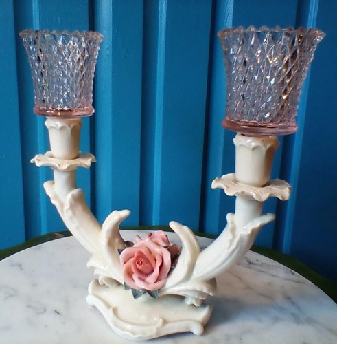 Vintage Karl Ens Porcelain Rose Candle Holder Centerpiece Pink Glass Votive - Bild 6 von 23