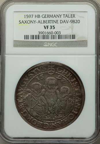 Germany Saxony Thaler 1597-HB Christian II, Johann Georg I & August NGC VF 35 