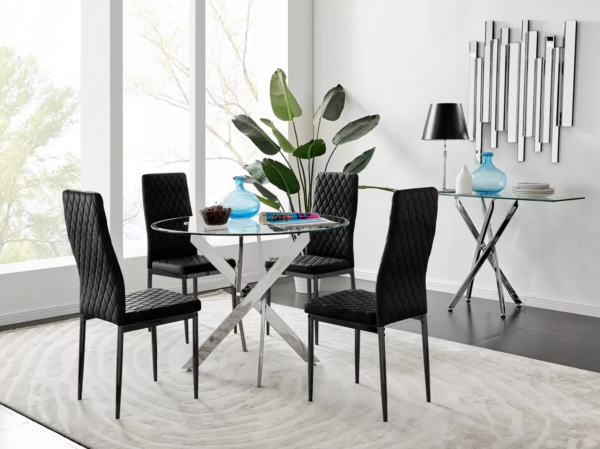 Novara 100cm Round Dining Table and 4 Velvet Milan Black Leg
