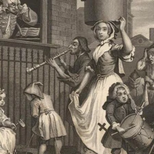 1854 STREET SCENE LONDON COMIC MUSICIAN ENGRAVING ANTIQUE ART PRINT W. HOGARTH