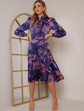 Chi Chi London Curve Long Sleeve Neon Abstract Midi Shirt Dress in Navy UK 14