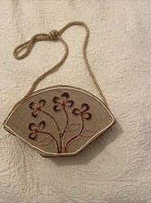 Vintage Beaded Beige Fan Shaped Purse Beaded Rope Handle Plush Inside Flowers
