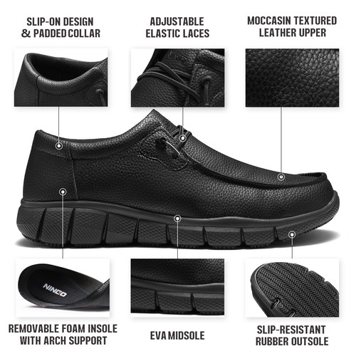 NINGO Men Slip Resistant Work Shoes Slip On Waterproof Chef Food Service Loafers - Picture 8 of 24