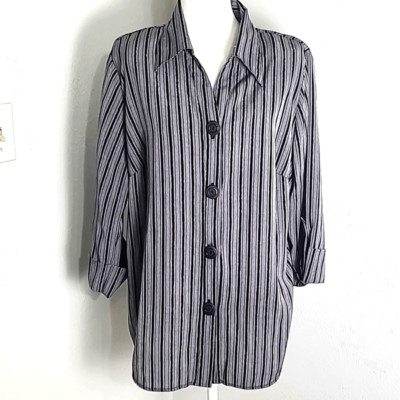 Gloria Lance Vintage Buttondown Blouse,Gray, Black & Metallic Stripe, Size 2X