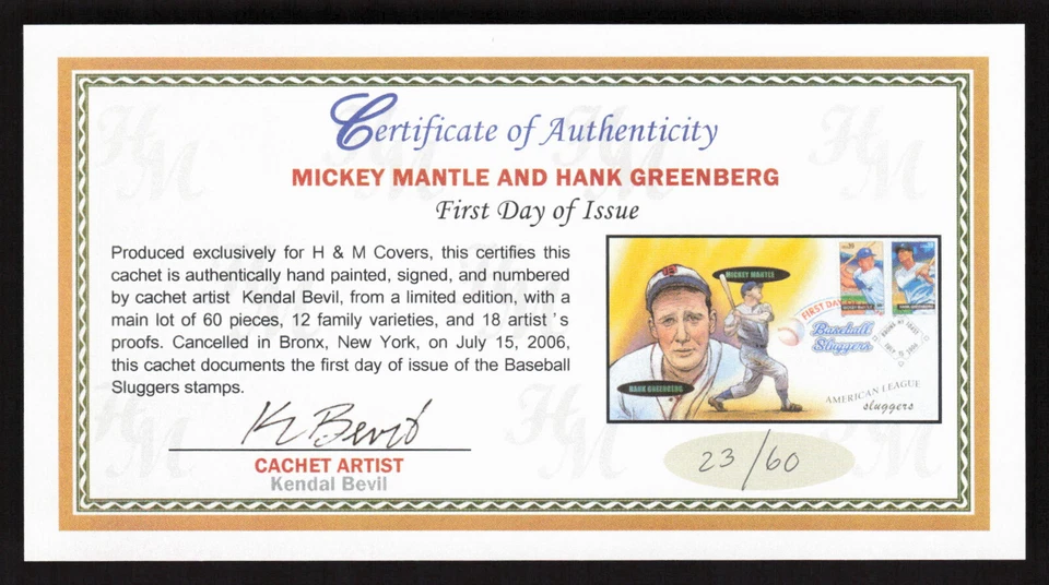 Bevil HP 2006 Baseball Sluggers Mickey Mantle Hank Greenberg FDC w/COA #23/60 - Image 3 of 3