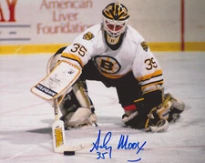 ANDY MOOG AUTOGRAPH SIGNED 8X10 PHOTO BOSTON BRUINS COA SLIDING ON KNEES