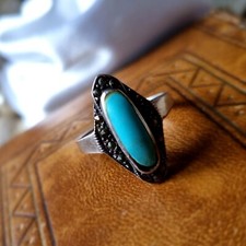 Bague Ancienne En Argent 925 Avec Pierre Turquoise - Taille 54, Occasion