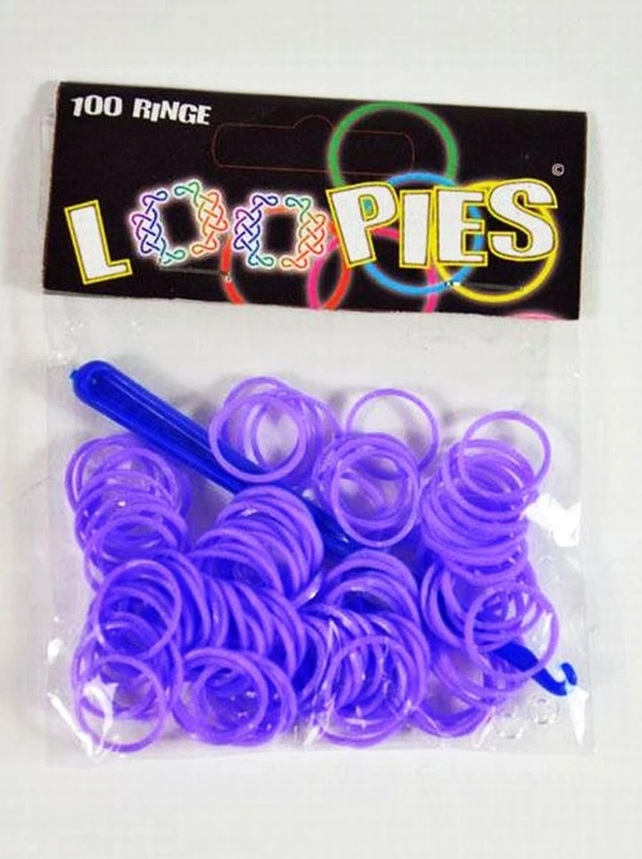 LIGHT PURPLE Loopies Loom Bandz einfarbig Lila 100 Ringe 6 Verschlüsse 1 Häkelnadel Neu